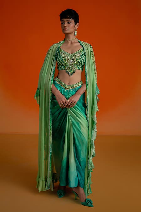 Shashank Arya Green Modal, Satin, Georgette Crystals, Pearls V-neck, Floral Print Dhoti Set 
