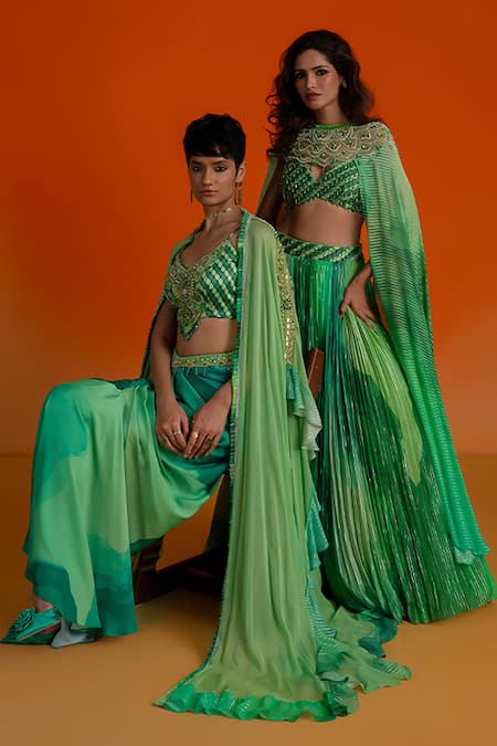 Shop_Shashank Arya_Green Modal, Satin, Georgette Crystals, Pearls V-neck, Floral Print Dhoti Set _Online_at_Aza_Fashions