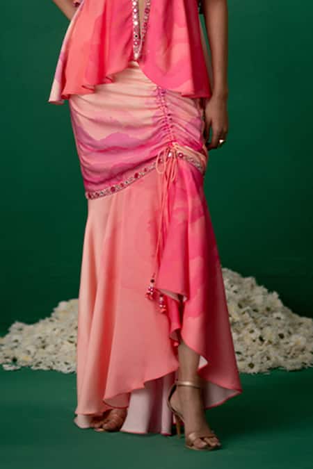 Shashank Arya_Pink Modal, Crepe, Satin Crystals, Pearls V-neck Designer Skirt And Kurti Set _Online_at_Aza_Fashions
