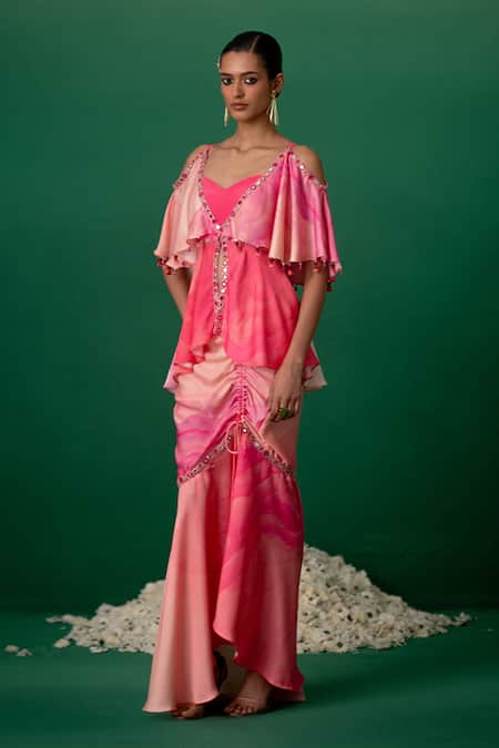 Buy_Shashank Arya_Pink Modal, Crepe, Satin Crystals, Pearls V-neck Designer Skirt And Kurti Set _Online_at_Aza_Fashions