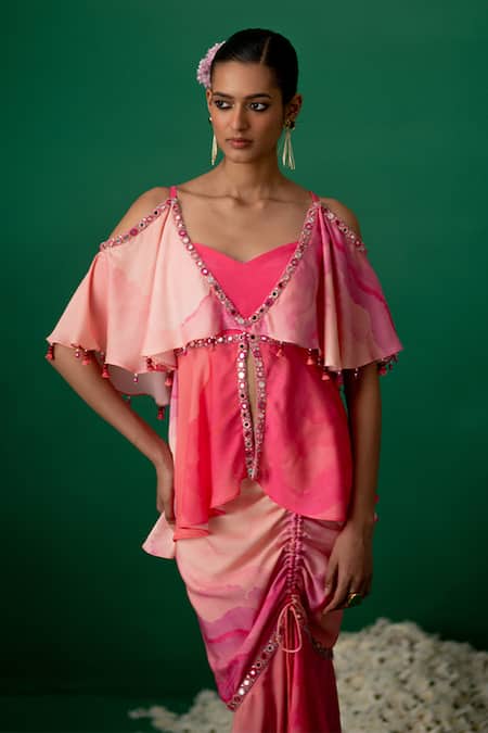 Shop_Shashank Arya_Pink Modal, Crepe, Satin Crystals, Pearls V-neck Designer Skirt And Kurti Set _Online_at_Aza_Fashions