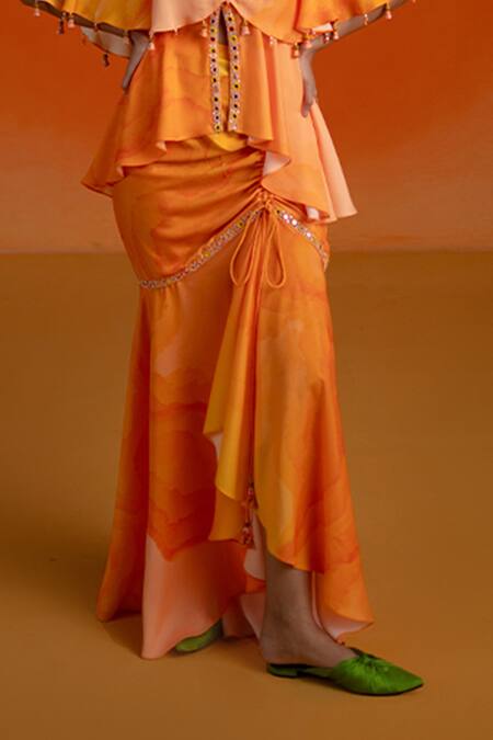 Shashank Arya Orange Modal, Satin, Crepe Beads, Mirrors V-neck Ombre Floral Skirt And Kurti Set Online at Aza Fashions Shashank Arya_Orange Modal, Satin, Crepe Beads, Mirrors V-neck Ombre Floral Skirt And Kurti Set _Online_at_Aza_Fashions
