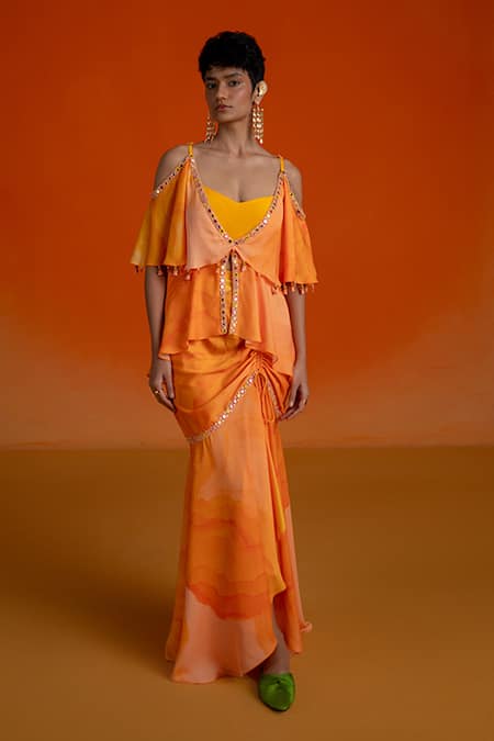 Buy Shashank Arya Orange Modal, Satin, Crepe Beads, Mirrors V-neck Ombre Floral Skirt And Kurti Set Online at Aza Fashions Buy_Shashank Arya_Orange Modal, Satin, Crepe Beads, Mirrors V-neck Ombre Floral Skirt And Kurti Set _Online_at_Aza_Fashions