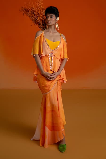 Shashank Arya Orange Modal, Satin, Crepe Beads, Mirrors V-neck Ombre Floral Skirt And Kurti Set at Aza Fashions Shashank Arya_Orange Modal, Satin, Crepe Beads, Mirrors V-neck Ombre Floral Skirt And Kurti Set _at_Aza_Fashions