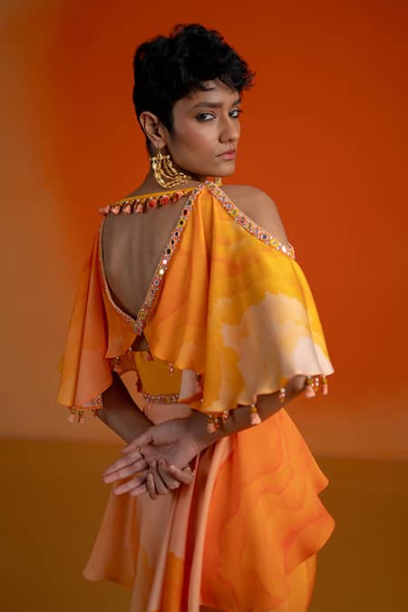 Buy Shashank Arya Orange Modal, Satin, Crepe Beads, Mirrors V-neck Ombre Floral Skirt And Kurti Set Buy_Shashank Arya_Orange Modal, Satin, Crepe Beads, Mirrors V-neck Ombre Floral Skirt And Kurti Set