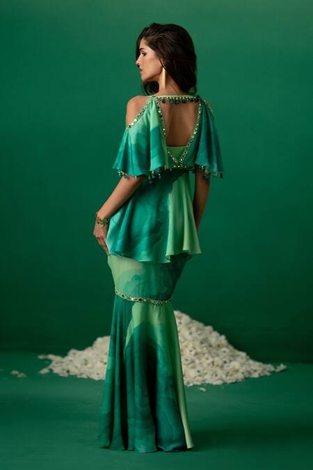 Shop Shashank Arya Green Modal, Satin, Crepe Crystals, Pearls V-neck Block Print Skirt And Kurti Set at Aza Fashions Shop_Shashank Arya_Green Modal, Satin, Crepe Crystals, Pearls V-neck Block Print Skirt And Kurti Set _at_Aza_Fashions