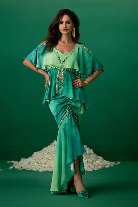 Shashank Arya Green Modal, Satin, Crepe Crystals, Pearls V-neck Block Print Skirt And Kurti Set 