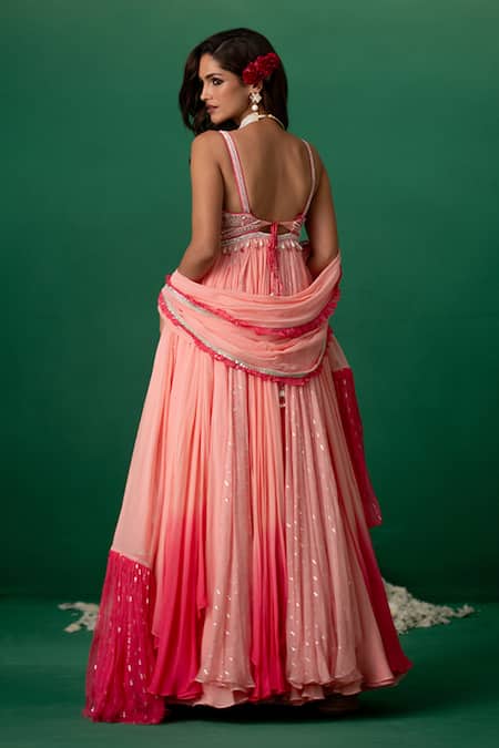Shop Shashank Arya Pink Georgette, Chiffon Crystals, Pearls, Beads V-neck Embellished Anarkali Set at Aza Fashions Shop_Shashank Arya_Pink Georgette, Chiffon Crystals, Pearls, Beads V-neck Embellished Anarkali Set _at_Aza_Fashions