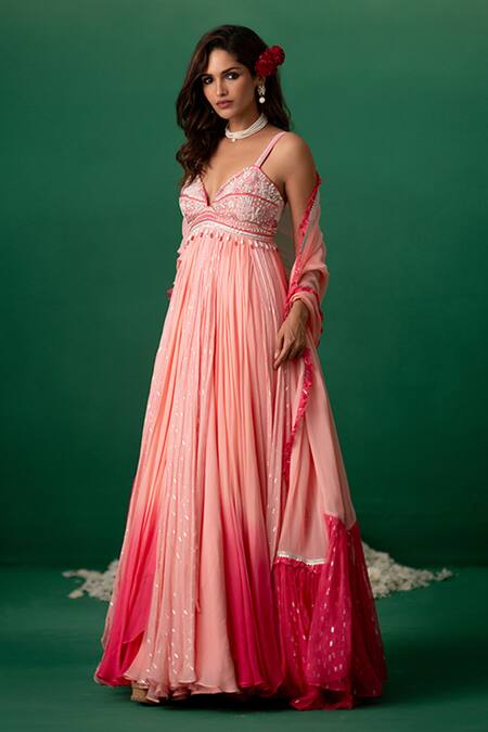 Shashank Arya Pink Georgette, Chiffon Crystals, Pearls, Beads V-neck Embellished Anarkali Set Online at Aza Fashions Shashank Arya_Pink Georgette, Chiffon Crystals, Pearls, Beads V-neck Embellished Anarkali Set _Online_at_Aza_Fashions