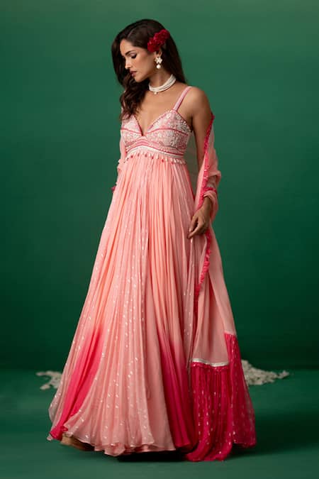 Shop Shashank Arya Pink Georgette, Chiffon Crystals, Pearls, Beads V-neck Embellished Anarkali Set Online at Aza Fashions Shop_Shashank Arya_Pink Georgette, Chiffon Crystals, Pearls, Beads V-neck Embellished Anarkali Set _Online_at_Aza_Fashions