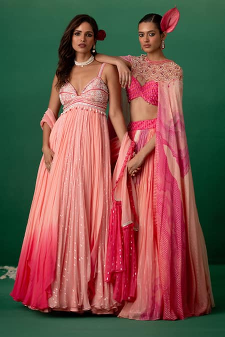 Shashank Arya Pink Georgette, Chiffon Crystals, Pearls, Beads V-neck Embellished Anarkali Set at Aza Fashions Shashank Arya_Pink Georgette, Chiffon Crystals, Pearls, Beads V-neck Embellished Anarkali Set _at_Aza_Fashions