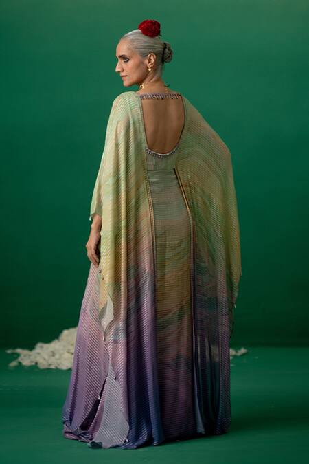 Shop Shashank Arya Multi Color Georgette Crystals, Pearls V-neck Draped Kaftan Kurta at Aza Fashions Shop_Shashank Arya_Multi Color Georgette Crystals, Pearls V-neck Draped Kaftan Kurta _at_Aza_Fashions