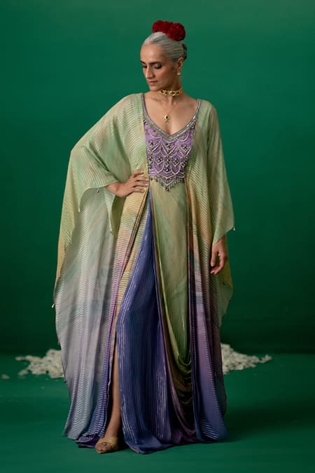 Shashank Arya Multi Color Georgette Crystals, Pearls V-neck Draped Kaftan Kurta Online at Aza Fashions Shashank Arya_Multi Color Georgette Crystals, Pearls V-neck Draped Kaftan Kurta _Online_at_Aza_Fashions