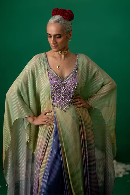 Buy Shashank Arya Multi Color Georgette Crystals, Pearls V-neck Draped Kaftan Kurta Online at Aza Fashions Buy_Shashank Arya_Multi Color Georgette Crystals, Pearls V-neck Draped Kaftan Kurta _Online_at_Aza_Fashions