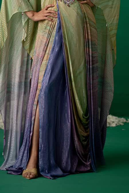 Shop Shashank Arya Multi Color Georgette Crystals, Pearls V-neck Draped Kaftan Kurta Online at Aza Fashions Shop_Shashank Arya_Multi Color Georgette Crystals, Pearls V-neck Draped Kaftan Kurta _Online_at_Aza_Fashions