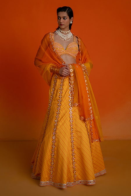 Shashank Arya Orange Modal, Satin, Organza Beads, Mirrors Sweetheart Neck Beaded Lehenga Set 