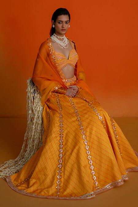 Shashank Arya_Orange Modal, Satin, Organza Beads, Mirrors Sweetheart Neck Beaded Lehenga Set _Online_at_Aza_Fashions