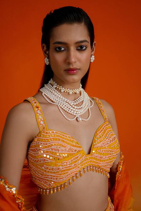 Buy_Shashank Arya_Orange Modal, Satin, Organza Beads, Mirrors Sweetheart Neck Beaded Lehenga Set _Online_at_Aza_Fashions
