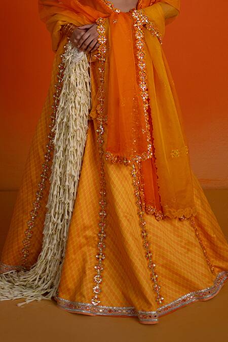 Shop_Shashank Arya_Orange Modal, Satin, Organza Beads, Mirrors Sweetheart Neck Beaded Lehenga Set _Online_at_Aza_Fashions