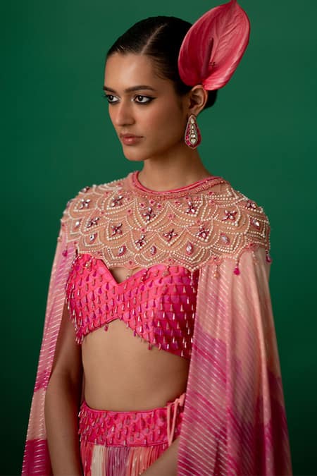 Shashank Arya_Pink Georgette, Modal, Satin Crystals, Pearls Ombre Floral Lehenga Set With Cape _Online_at_Aza_Fashions