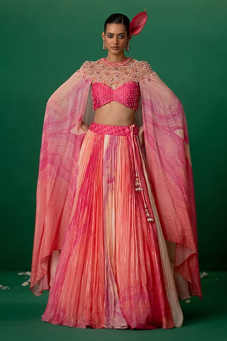 Shashank Arya Pink Georgette, Modal, Satin Crystals, Pearls Ombre Floral Lehenga Set With Cape 
