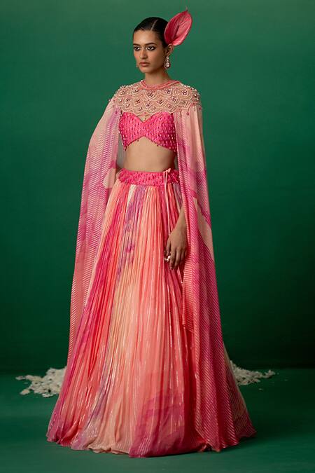 Buy_Shashank Arya_Pink Georgette, Modal, Satin Crystals, Pearls Ombre Floral Lehenga Set With Cape _Online_at_Aza_Fashions