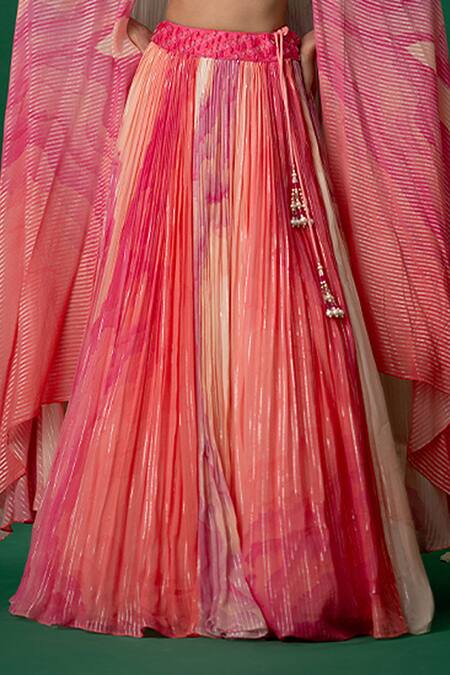 Shop_Shashank Arya_Pink Georgette, Modal, Satin Crystals, Pearls Ombre Floral Lehenga Set With Cape _Online_at_Aza_Fashions
