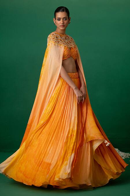 Shashank Arya_Orange Georgette, Modal, Satin Crystals, Block Print Lehenga Set With Cape _Online_at_Aza_Fashions