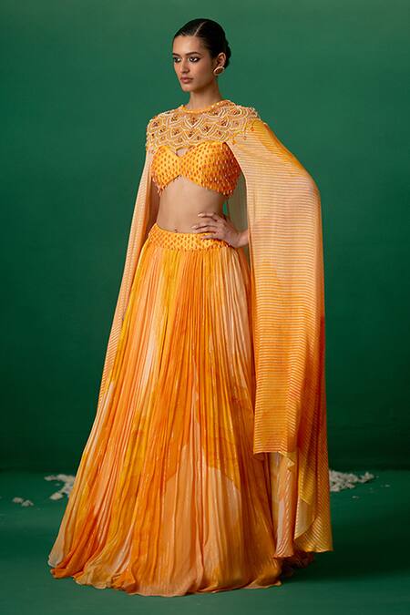 Buy_Shashank Arya_Orange Georgette, Modal, Satin Crystals, Block Print Lehenga Set With Cape _Online_at_Aza_Fashions