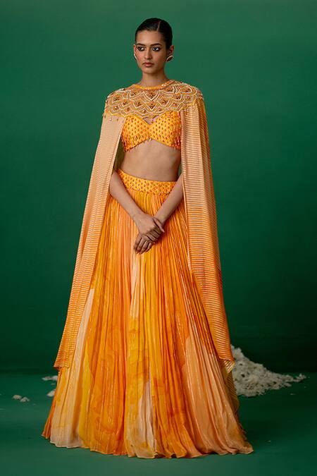 Shop_Shashank Arya_Orange Georgette, Modal, Satin Crystals, Block Print Lehenga Set With Cape _Online_at_Aza_Fashions
