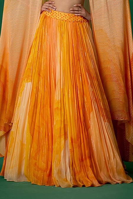 Shashank Arya_Orange Georgette, Modal, Satin Crystals, Block Print Lehenga Set With Cape _at_Aza_Fashions