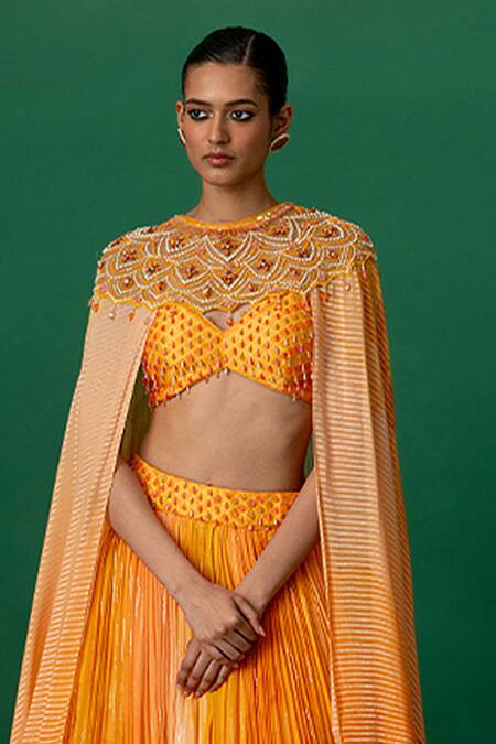 Buy_Shashank Arya_Orange Georgette, Modal, Satin Crystals, Block Print Lehenga Set With Cape 