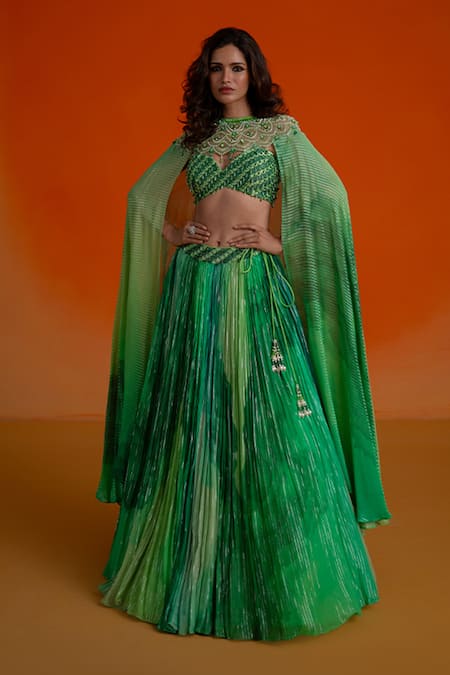 Shashank Arya_Green Georgette, Modal, Satin Crystals, Pearls Round Floral Print Lehenga Set _Online_at_Aza_Fashions