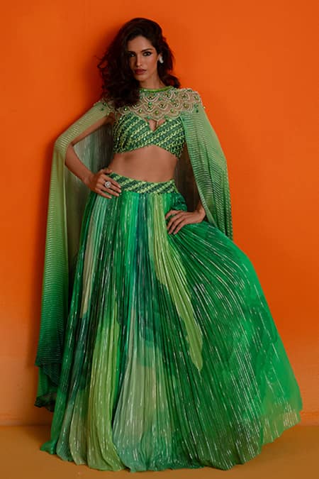 Shashank Arya Green Georgette, Modal, Satin Crystals, Pearls Round Floral Print Lehenga Set