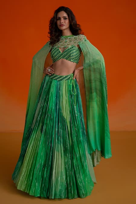 Buy_Shashank Arya_Green Georgette, Modal, Satin Crystals, Pearls Round Floral Print Lehenga Set _Online_at_Aza_Fashions