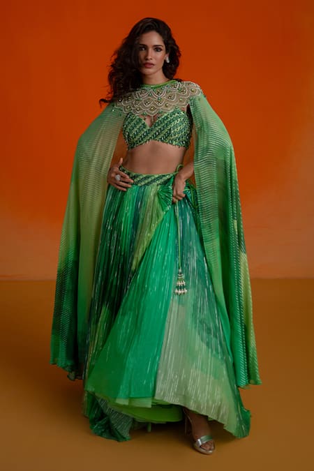 Shop_Shashank Arya_Green Georgette, Modal, Satin Crystals, Pearls Round Floral Print Lehenga Set _Online_at_Aza_Fashions