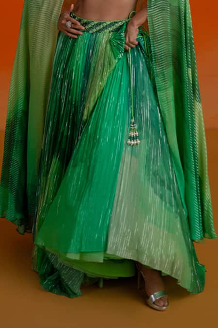 Shashank Arya_Green Georgette, Modal, Satin Crystals, Pearls Round Floral Print Lehenga Set _at_Aza_Fashions