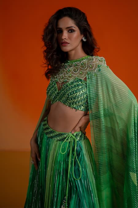 Buy_Shashank Arya_Green Georgette, Modal, Satin Crystals, Pearls Round Floral Print Lehenga Set 