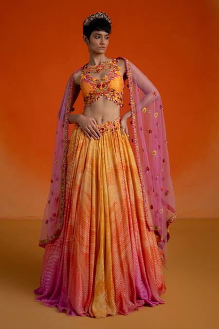 Shashank Arya_Multi Color Georgette, Net Sequins, Embroidery Round Neck Sequence Lehenga Set _Online_at_Aza_Fashions