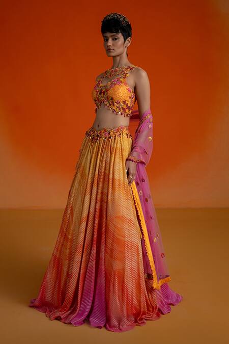 Buy_Shashank Arya_Multi Color Georgette, Net Sequins, Embroidery Round Neck Sequence Lehenga Set _Online_at_Aza_Fashions