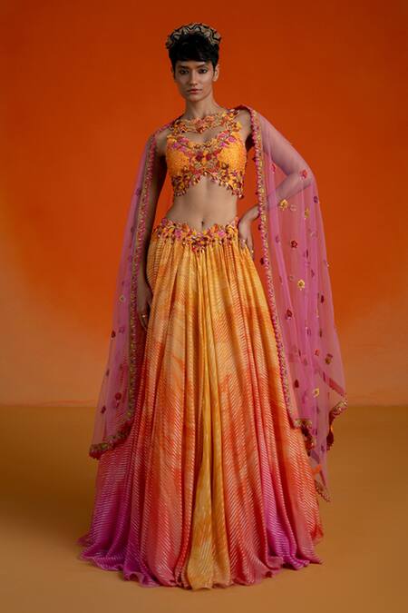 Shop_Shashank Arya_Multi Color Georgette, Net Sequins, Embroidery Round Neck Sequence Lehenga Set _Online_at_Aza_Fashions