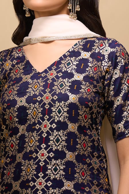 Shop_Samyukta Singhania_Navy Brocade, Net V-neck Woven Kurta Palazzo Suit Set 