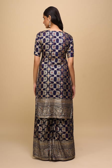 Samyukta Singhania Navy Brocade Woven Kurta Palazzo Suit Set 