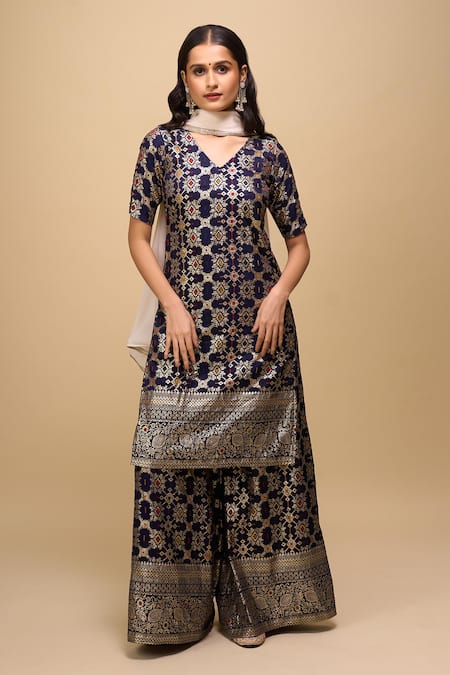 Samyukta Singhania Navy Brocade Woven Kurta Palazzo Suit Set 
