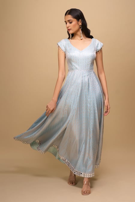 Buy_Samyukta Singhania_Blue Brocade V-neck Ice-blue Anarkali Dress _Online_at_Aza_Fashions