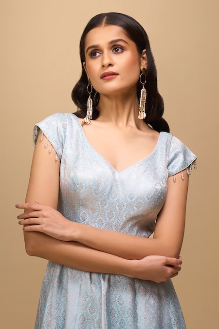 Shop_Samyukta Singhania_Blue Brocade V-neck Ice-blue Anarkali Dress _Online_at_Aza_Fashions
