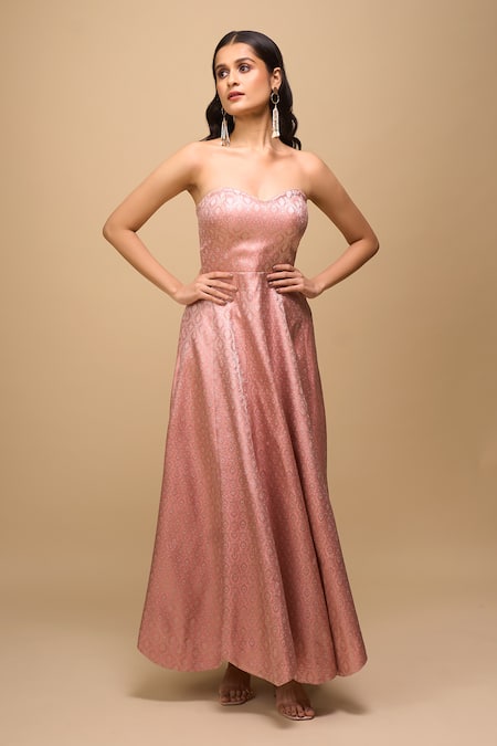 Samyukta Singhania Peach Brocade Padded Anarkali Dress 