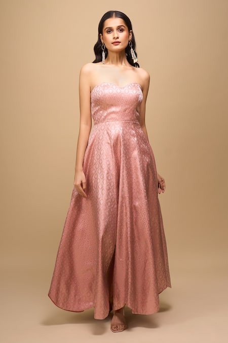 Shop_Samyukta Singhania_Peach Brocade Sweetheart Neck Padded Anarkali Dress _Online_at_Aza_Fashions