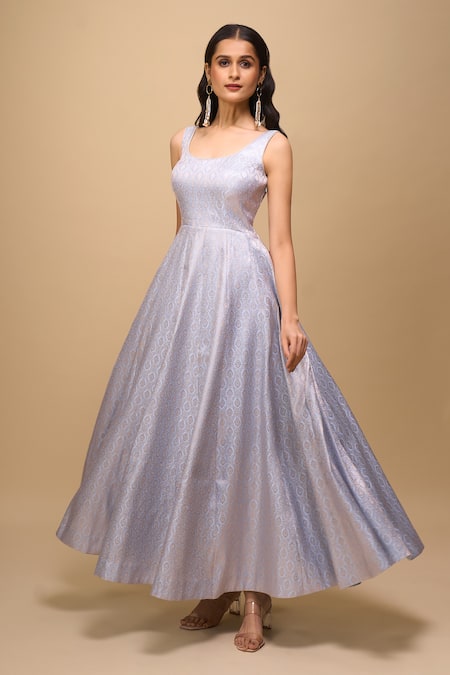 Shop_Samyukta Singhania_Blue Brocade Round Neck Powder Anarkali Dress _Online_at_Aza_Fashions