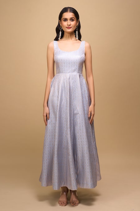 Samyukta Singhania_Blue Brocade Round Neck Powder Anarkali Dress _at_Aza_Fashions